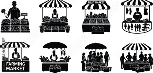 Farmers market stall vector set, fruits, vegetables, fish, people shopping, farming produce stand, local organic food illustration