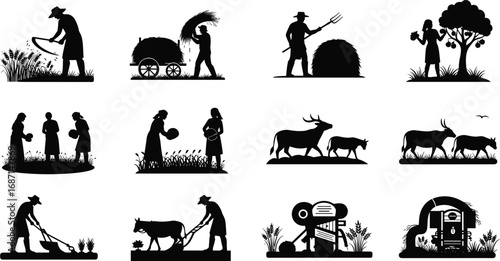 Farming and agriculture icons, harvesting crops, planting, plowing fields, rural farm life, livestock grazing, farming equipment, farming workers, agribusiness