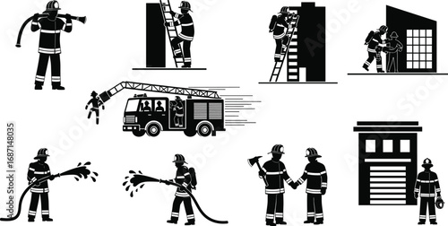 Firefighter vector illustrations, emergency rescue, fire truck, hose, ladder, building fire response, firemen teamwork, safety equipment, fire department icons