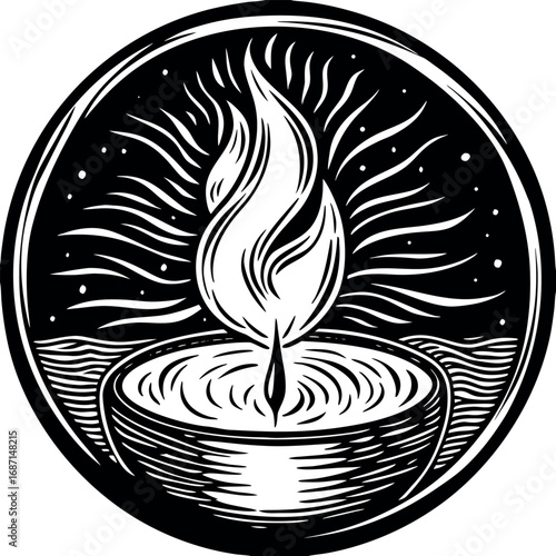 Fiery flame in circular emblem with radiating light fire energy