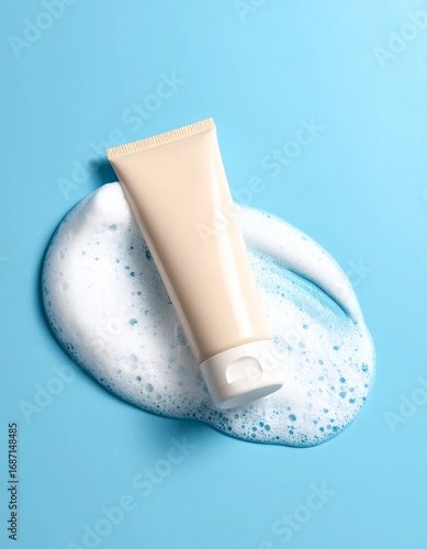 Gentle Cleansing: A Cream Tube Amongst Foam, A Refreshing Blue Wash, Soft Skin Care in a Soothing Bubble Bath
