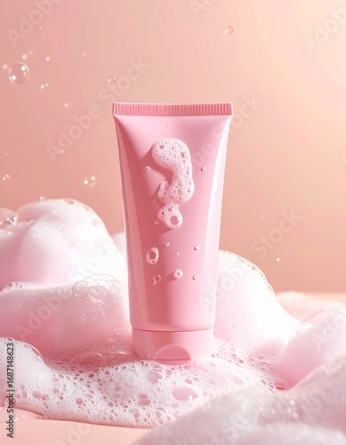 Delicate Pink Cleansing Foam: A Gentle Skincare Experience, Skincare Still Life: A Tube of Pink Cleanser Surrounded by Fluffy Bubbles