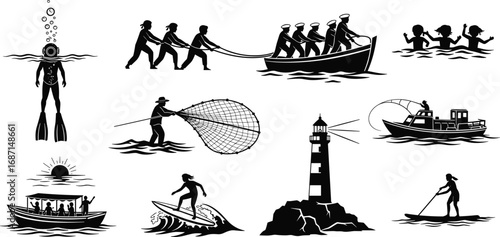 Marine and water activities vector set with scuba diving, fishing, rowing, surfing, lighthouse, boat tours, paddleboarding, and swimming illustrations