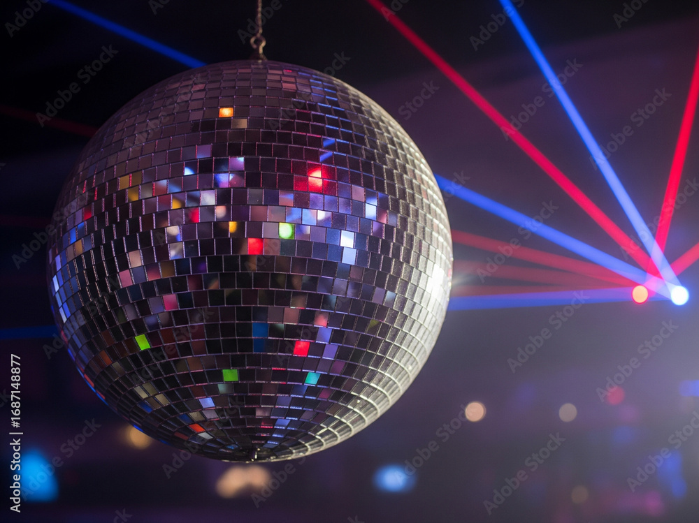 Obraz premium Boule disco à facettes en boite de nuit avec lumière lasers