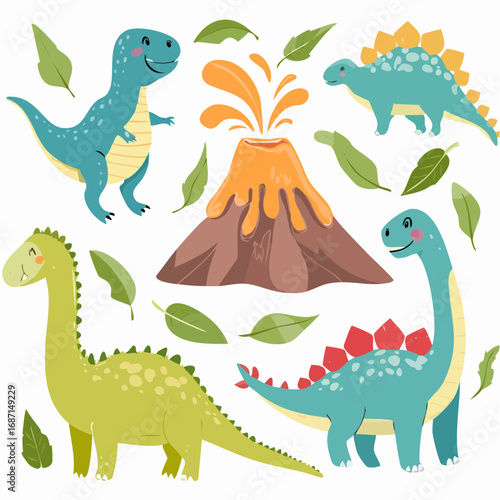 Set clipart of cute dinosaurs, leaves, dino eggs and volcanoes in hand drawn vector cartoon