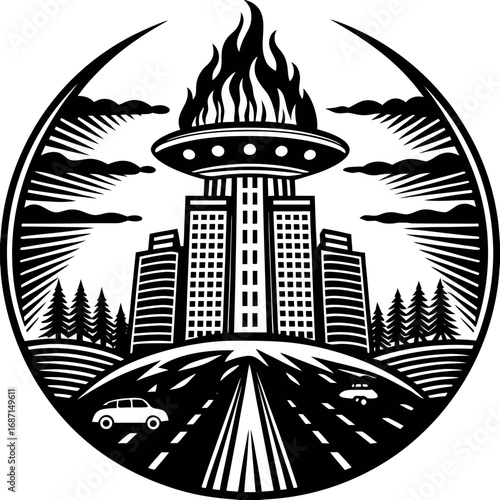 Futuristic cityscape with burning building and flying saucer vector