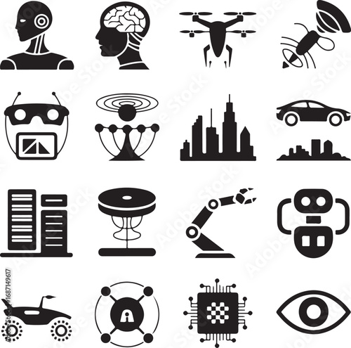 Futuristic Technology And Robotics Icons Silhouette Collection vector illustration