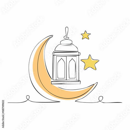 Continuous line drawing of ramadan kareem greeting card. lantern, moon and star islamic decoration