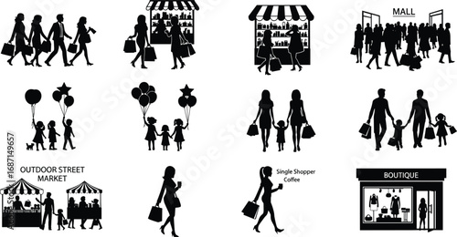 Shopping and market vector set, family mall visits, boutique browsing, outdoor street market, single shoppers, consumer lifestyle, retail icons
