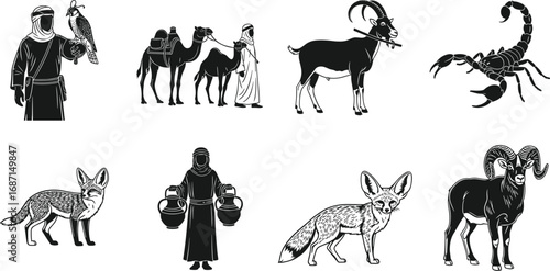 Silhouettes of Middle Eastern man with falcon, camels, desert goat, scorpion, fox, woman carrying water pots, and mountain sheep