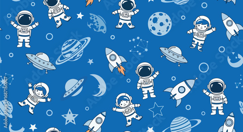 Adobe illustrator artwork vector illustration. A vibrant seamless vector pattern on a red background featuring adorable cartoon astronauts, rockets, planets, moons, UFOs, and stars. Perfect for kids