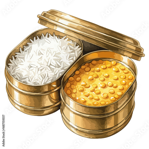 Brass Lunchboxes with Rice and Dal in it, Isolated on Transparent PNG Background- Watercolour Art