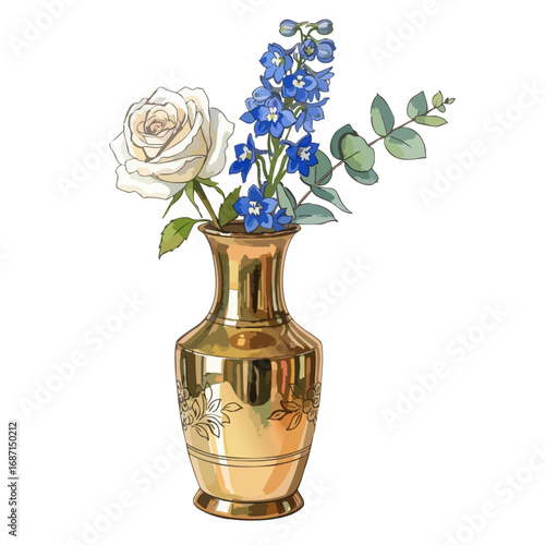 Brass Flower Pot/ Vase with Flowers Isolated on Transparent PNG Background- Watercolour Art