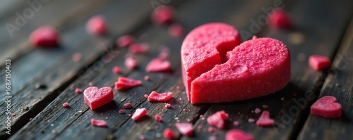 Close-up of a broken heart-shaped candy, scattered fragments on a dark wooden surface The image evokes feelings of heartbreak and lost love on Valentine's Day , texture, texture