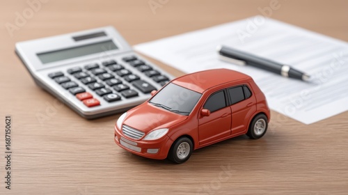 Red car toy on wooden desk with calculator and documents for vehicle finance analysis and budget planning in personal finance situation