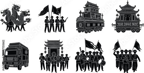 Traditional Asian parade, cultural festival, dragon dance, flag bearers, temple floats, marching band, festive celebration, street procession, heritage event, colorful costumes