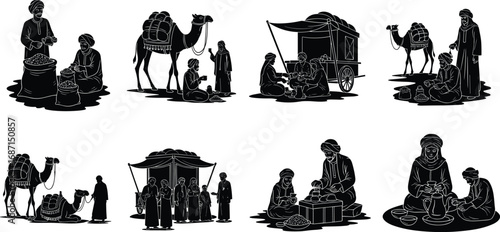 Traditional desert market vector set, camel caravan, people trading, local bazaar scene, food sharing, cultural lifestyle, Arabian village illustration