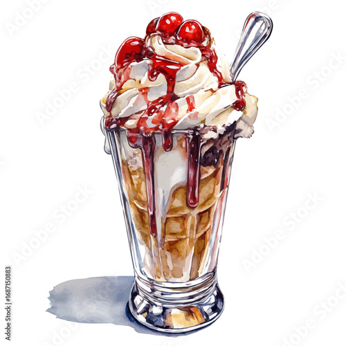 Ice Cream Sundae, watercolor clipart vector, isolated on a white background.