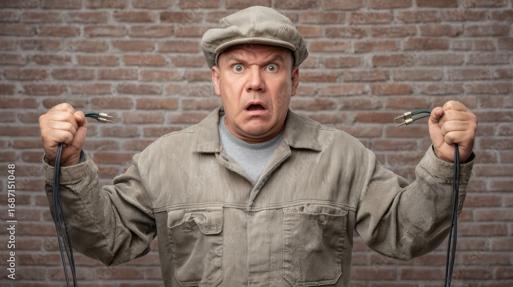 Fototapeta premium Shocked Electrician Holding Wires with a Surprised Expression Against a Brick Wall Background in a Vintage Style Suitable for Various Projects