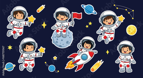 Adobe illustrator artwork vector illustration. A fun vector sticker set featuring cute cartoon astronauts in various poses with stars, planets, rockets, and comets, all on a dark space background
