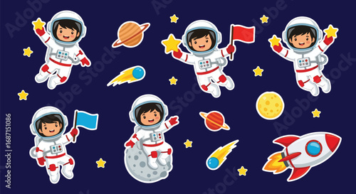 Adobe illustrator artwork vector illustration. A fun vector sticker set featuring cute cartoon astronauts in various poses with stars, planets, rockets, and comets, all on a dark space background