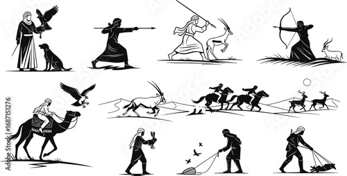 Traditional hunting, desert hunters, falconry, archery, animal tracking, spear hunting, ancient culture, wild game, hunter silhouettes, desert life