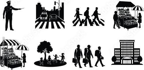 Urban street scenes with police, city traffic, pedestrians crossing, street vendors, children playing in park, office building, and people walking