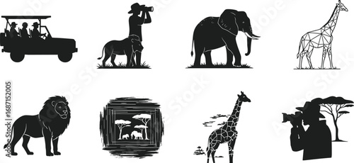 Wildlife safari vehicle, tourists, binoculars, lion, elephant, giraffe, safari scene, nature photography, African animals, savanna adventure vector