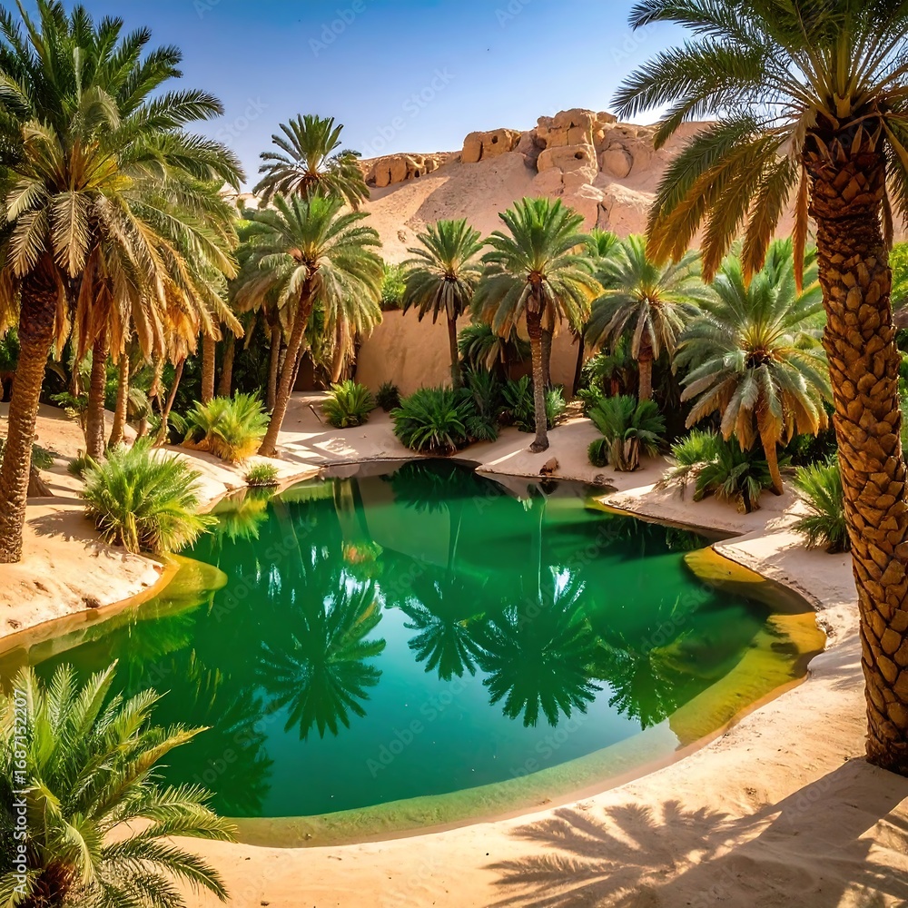 Fototapeta premium Oasis with palm trees and a tranquil pool