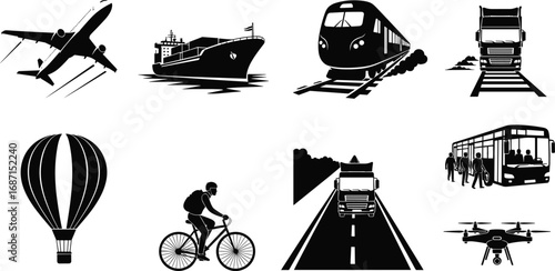 Transportation icons set, airplane, ship, train, truck, drone, bicycle, hot air balloon, public bus, cargo, travel vehicles