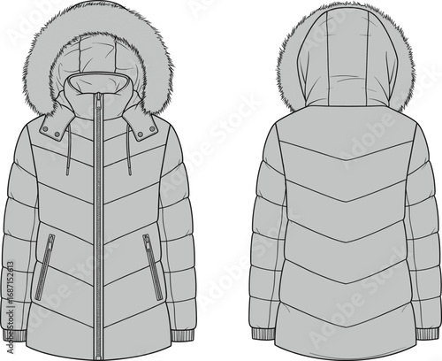 Winter puffer jacket with fur hood, warm insulated coat, front zipper, drawstring hood, quilted outerwear design, casual winter fashion garment
