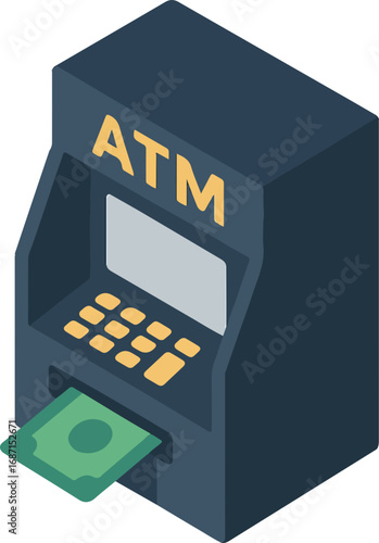 Cash Dispenser: An isometric view depicts a modern cash machine, dispensing currency.