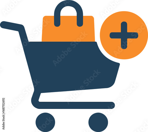E-commerce Cart Icon: A stylized illustration of a shopping cart, signifying online shopping and purchases. A simple design using bold colors.