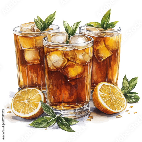 Iced Tea, watercolor vector, isolated on a white background.