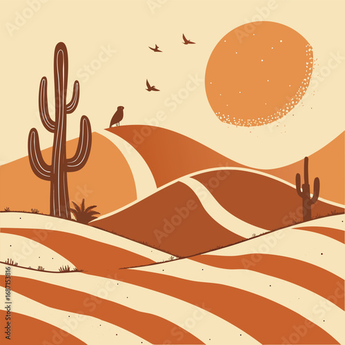 A solitary hawk perches on a desert dune under a large, textured sun, with saguaro cacti and distant hills creating a serene arid landscape