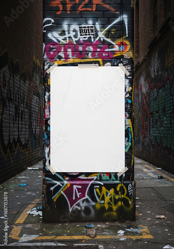 Blank white vertical poster mockup with pasted edges on a vibrant graffiticovered urban pillar.