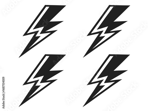Four black lightning bolt icons with double outlines on a white background thunderbolt electricity