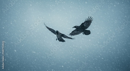 Two ravens fly in a snowy sky wings spread wide contrasting against the blurred icy blue backdrop of falling snow