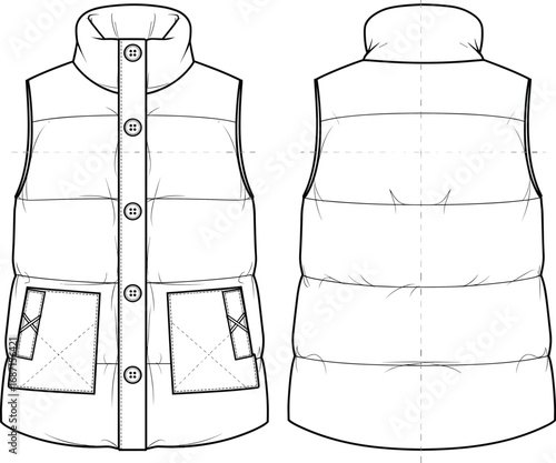 Women's puffer vest, sleeveless jacket, button closure, high collar, quilted design, insulated, casual outerwear, warm layering, winter fashion, versatile clothing piece