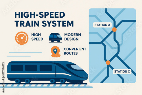 High speed train system illustration with map, highlighting modern design and convenient routes