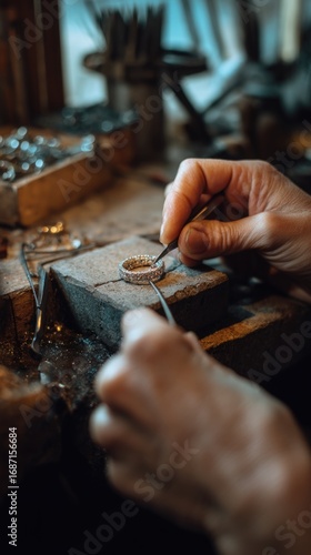 Craftsman carefully shaping jewelry in workshop