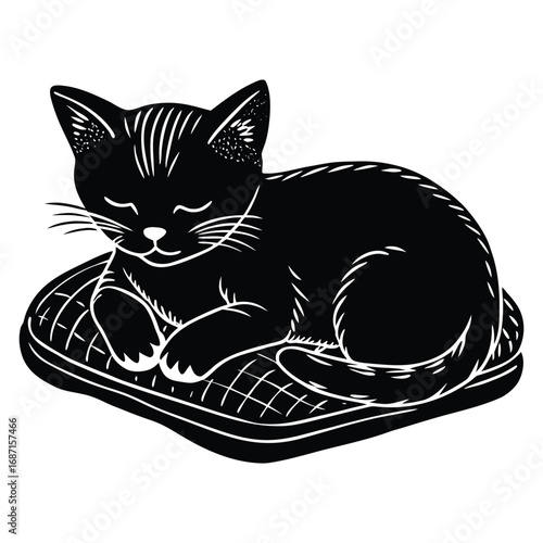 Black silhouette of funny American Shorthair kitten napping on small pillow, curled position.