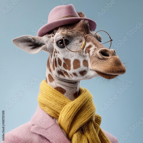 A stylish giraffe is dressed in a pink suit yellow scarf and stylish hat giving off a cheerful and quirky vibe