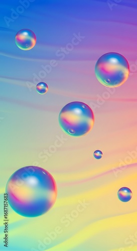 Wallpaper Mural Abstract digital art featuring iridescent spheres floating against a wavy, gradient background of blue, pink, and yellow hues. Torontodigital.ca