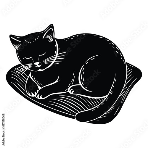 Black silhouette of funny American Shorthair kitten napping on small pillow, curled position.
