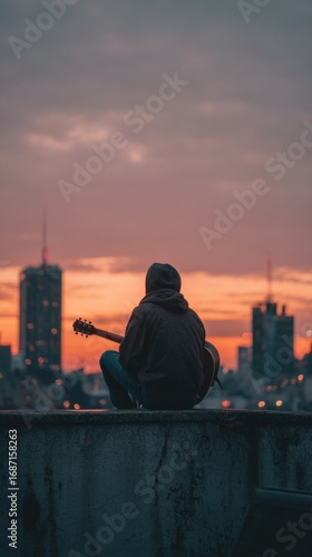 Sunset guitar session on city rooftop