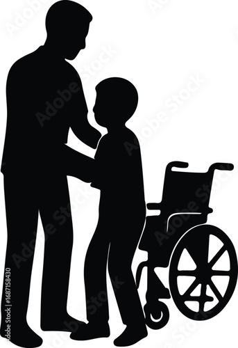 Vector Silhouette of adult and child with wheelchair Illustrator