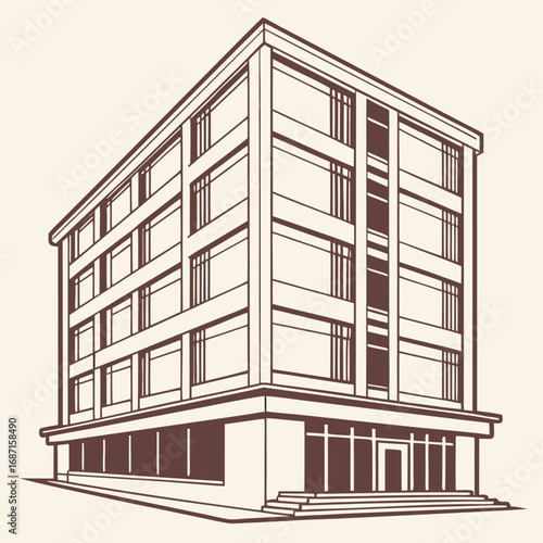 A minimalist line art illustration of a modern, multistory office building with large windows and a prominent entrance
