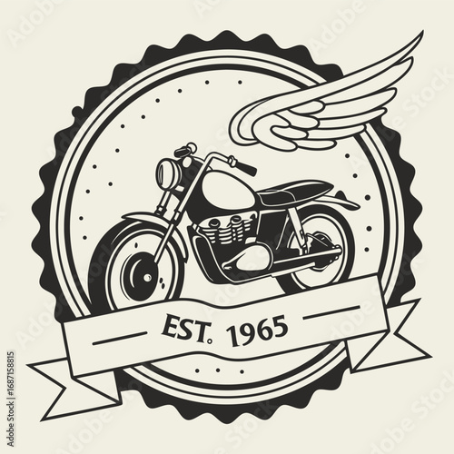 A vintage motorcycle with wings, est 1965, enclosed in a circular badge with a banner