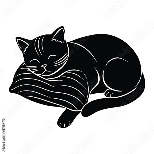American Shorthair Cat sleeping in fetal position with pillow under head silhouette.